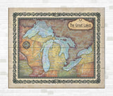 Great Lakes Superior Michigan Erie Huron Lake map art map art on Wood or Metal for Lake House, Man Cave, vintage map art gift, Custom map art