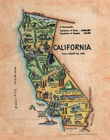 163 Illustrated map of California c. 1950's