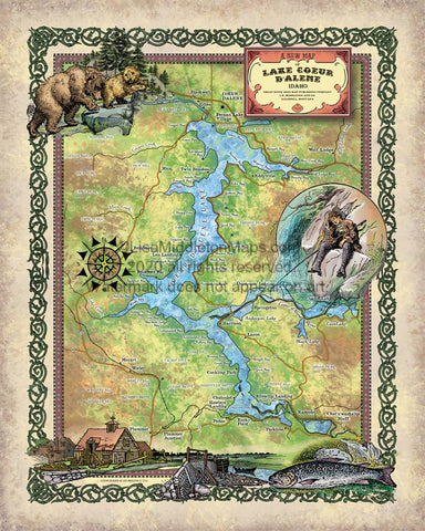 276-Ornate Lake Coeur D'Alene, Idaho Custom Map by Lisa Middleton