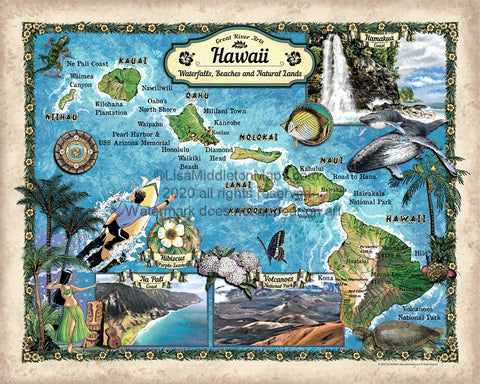 208 Custom map of Hawaii Waterfalls, Beaches, and Natural Lands