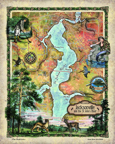 Custom travel map of Jacksonville, Florida and The St. Johns River